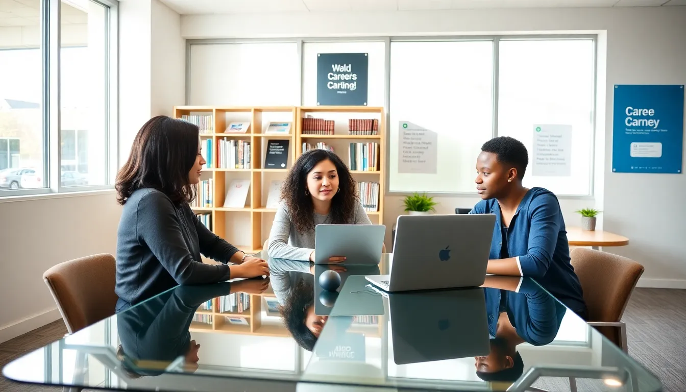 students and advisors collaborating in a modern career center.