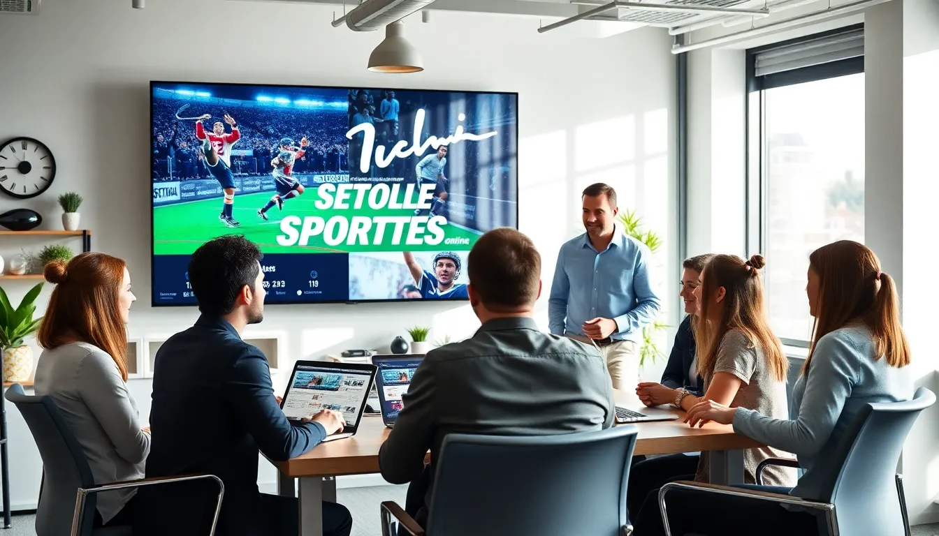 diverse team discussing Seattle Sports Online in a modern office