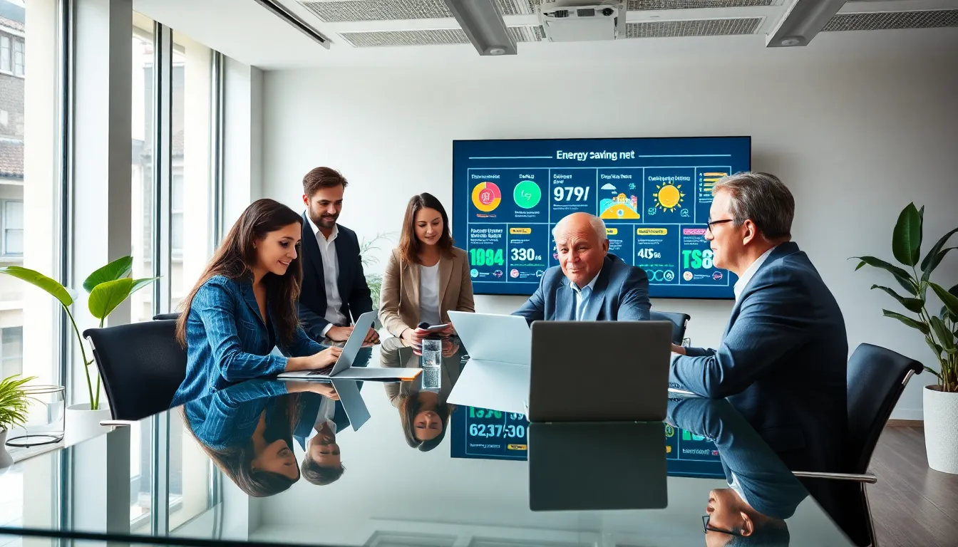 diverse professionals collaborating on energy efficiency in a modern office.