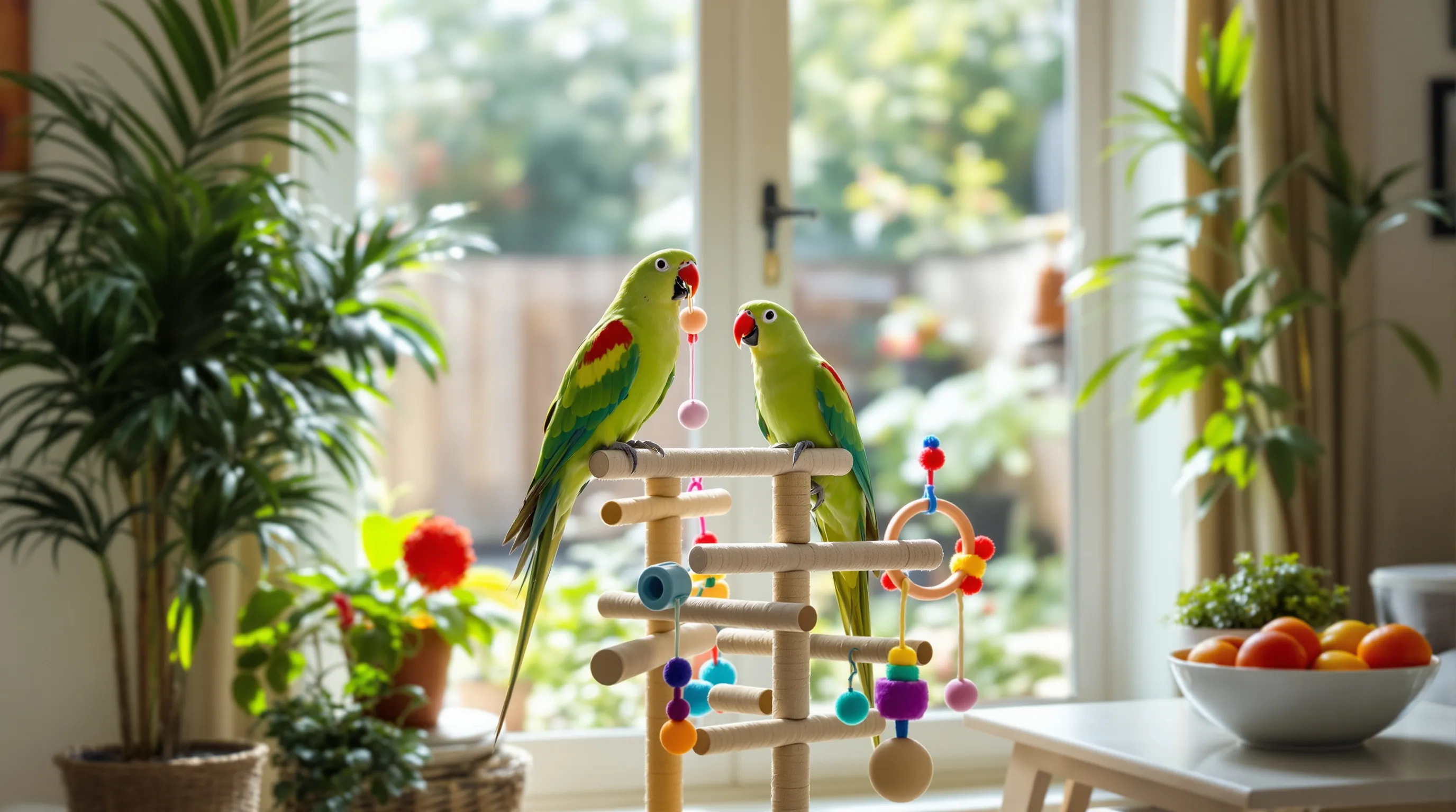 A green parrot playing on a wooden stand with colorful toys.