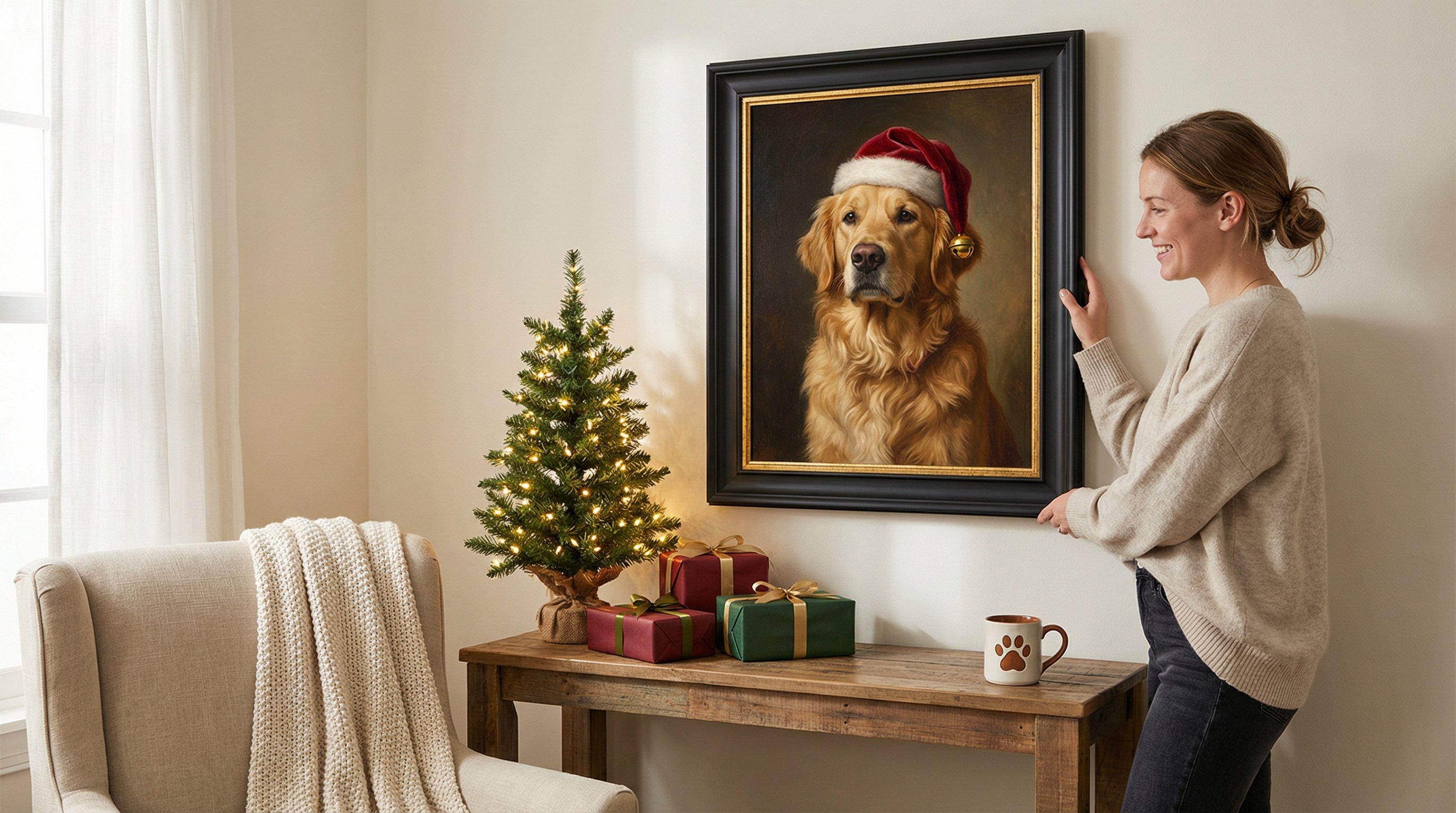 Woman admiring a framed custom dog portrait on a Christmas-decorated living room wall.