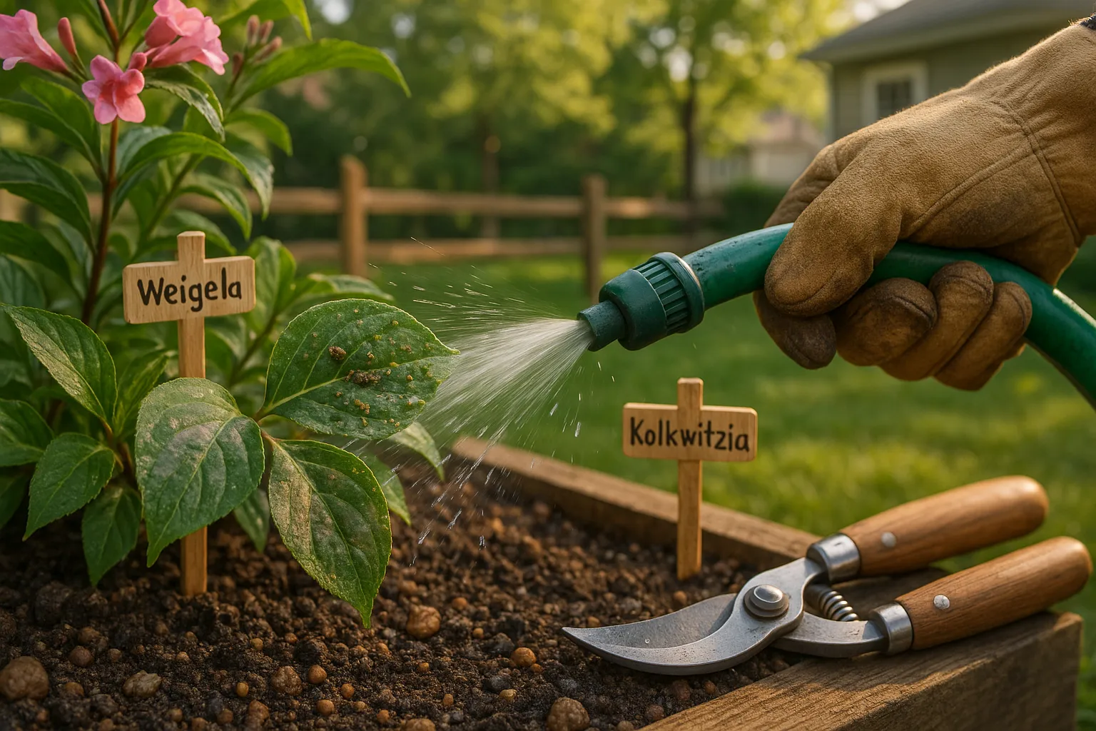 Gardener spraying aphids and scale off labeled Weigela and Kolkwitzia shrubs.