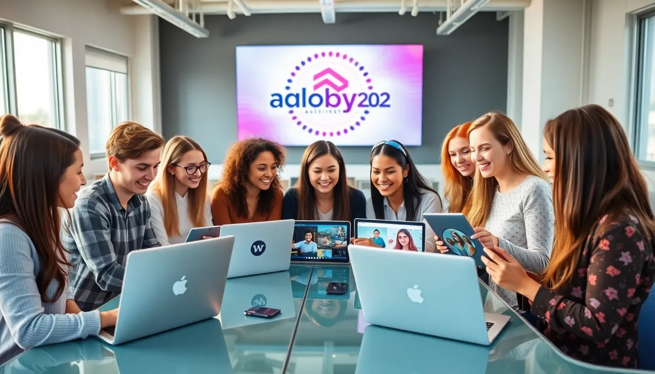 diverse team collaborating on creative projects in a bright workspace.