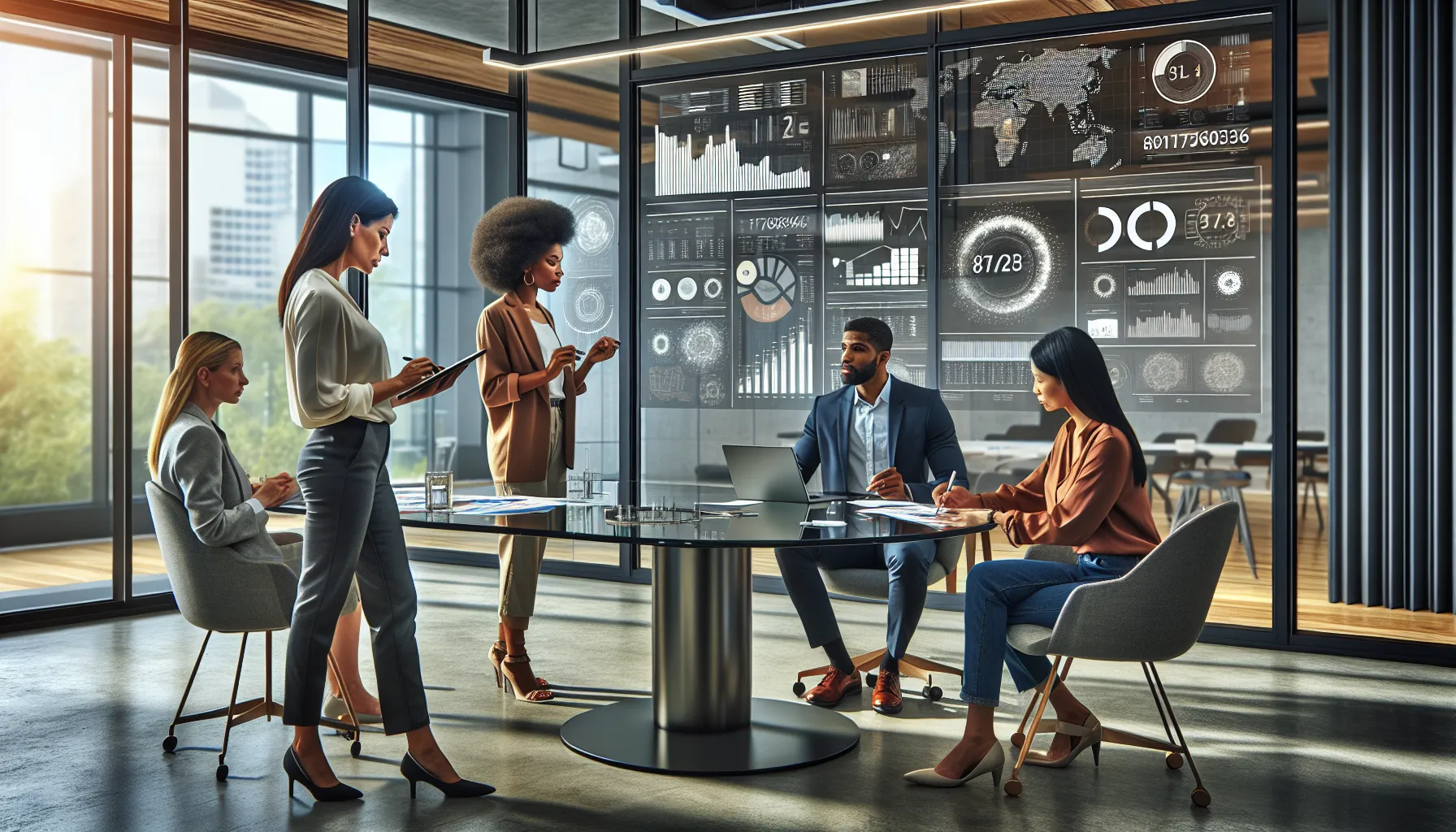 professionals collaborating on a project in a modern office setting.
