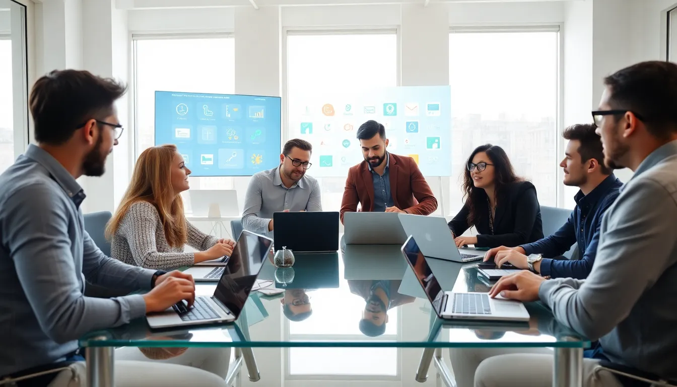 diverse team discussing startup tech stack in a modern office.