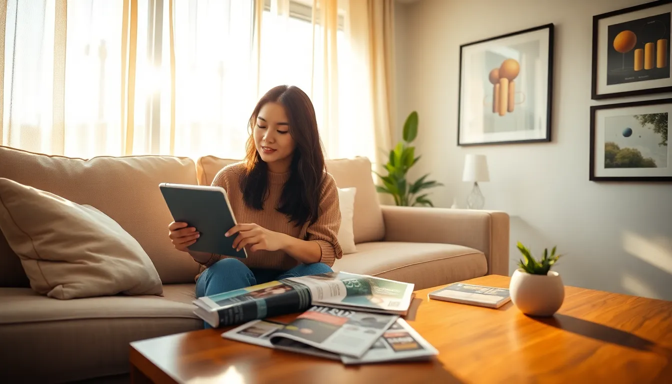A woman reading an article on science and lifestyle on a tablet in a cozy room.