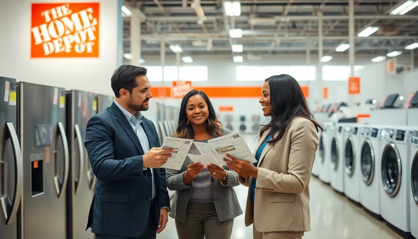 diverse group discussing appliance returns in a Home Depot aisle.
