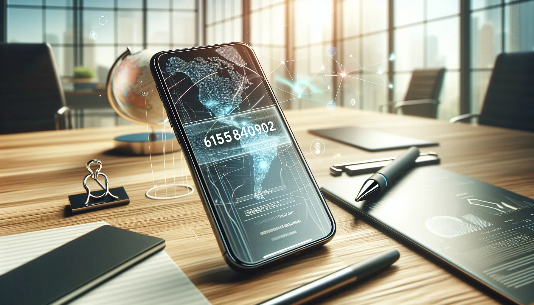 smartphone displaying a phone number on a modern desk.