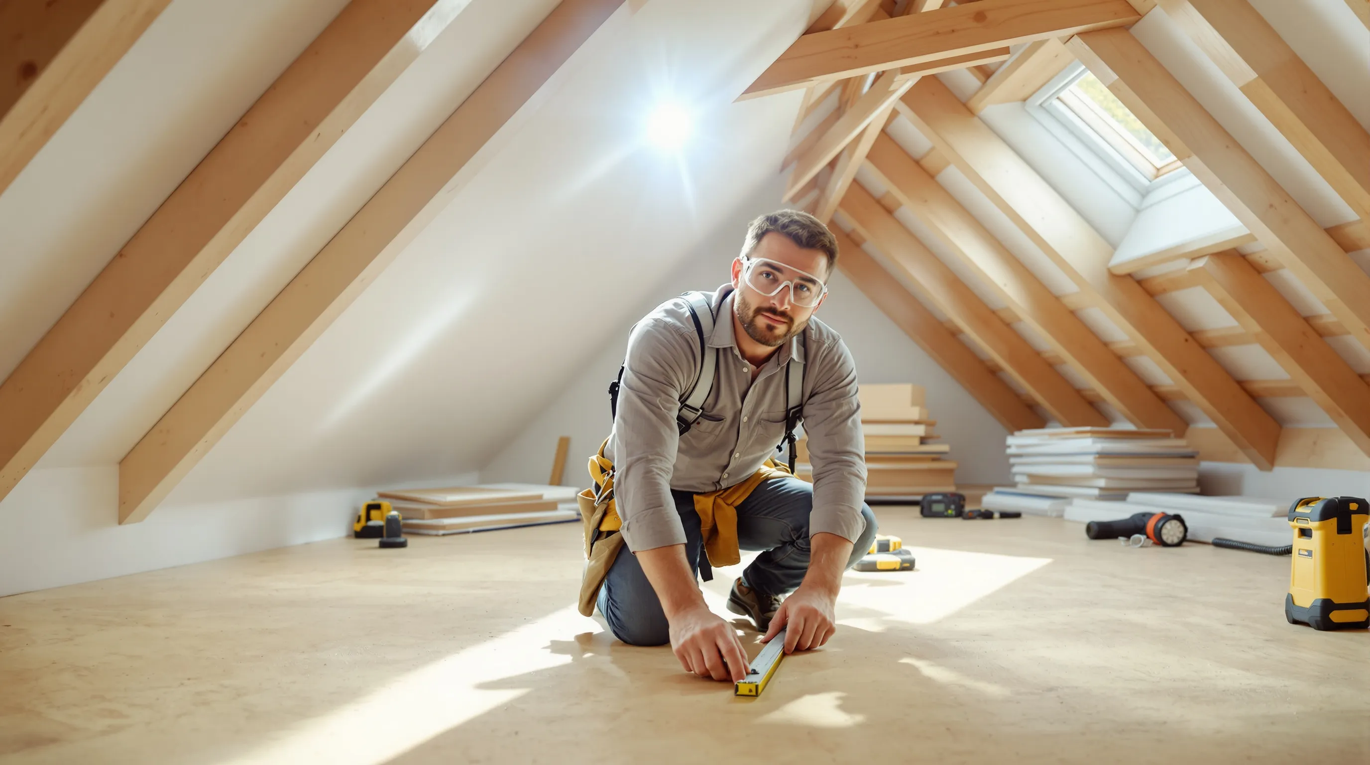 Builder measuring timber beams in a bright UK loft conversion under construction.