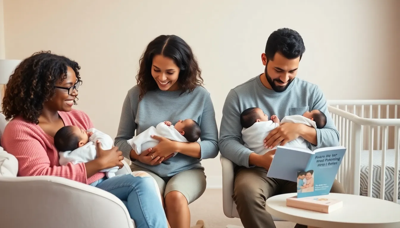 parents with newborns in a cozy nursery setting.