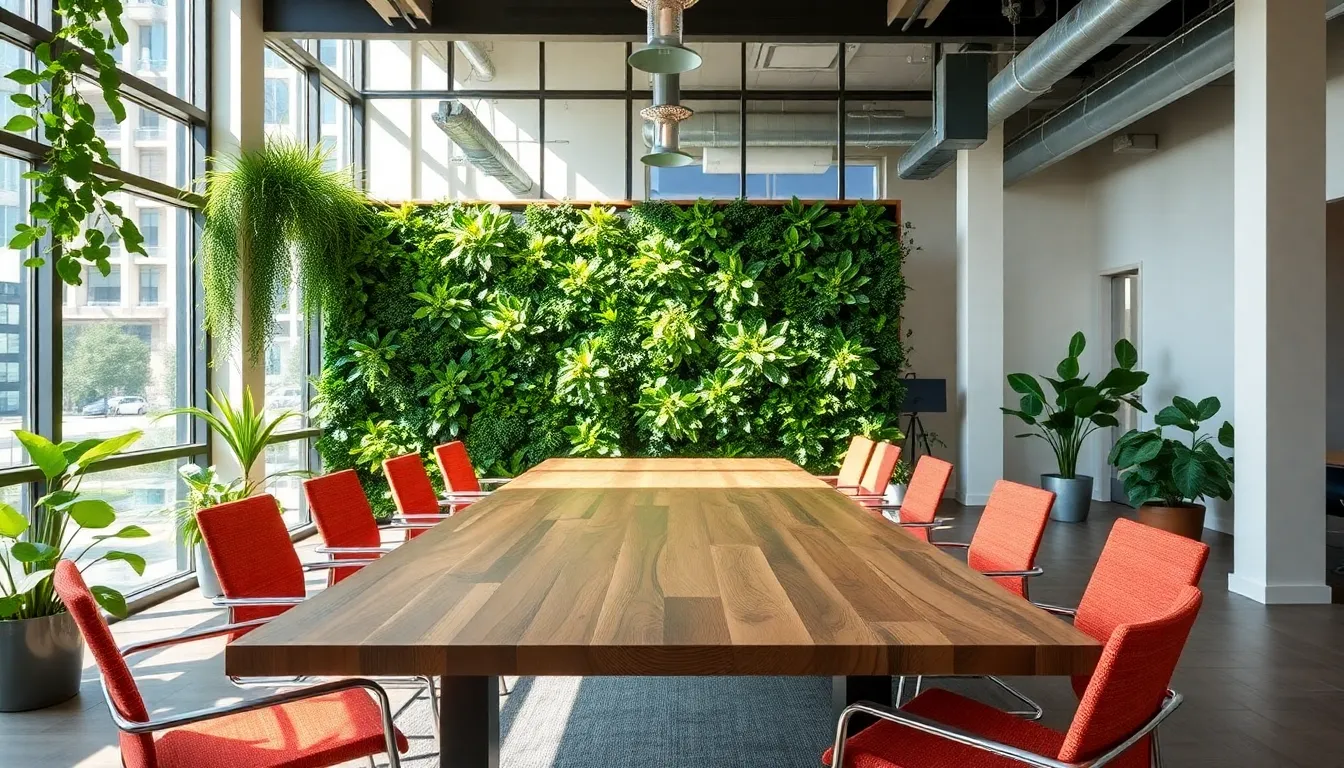 sustainable office interior with natural elements and recycled materials.