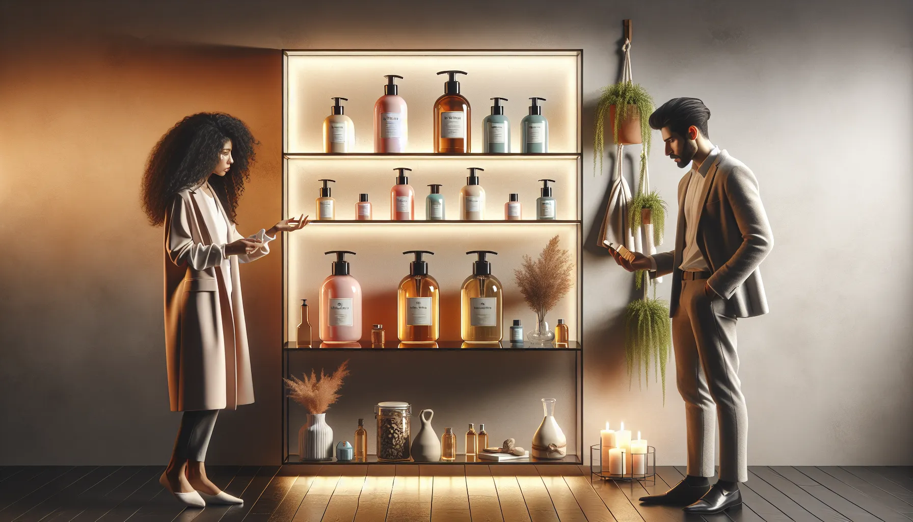 various shampoo bottles including Luvizac in a modern bathroom setting.