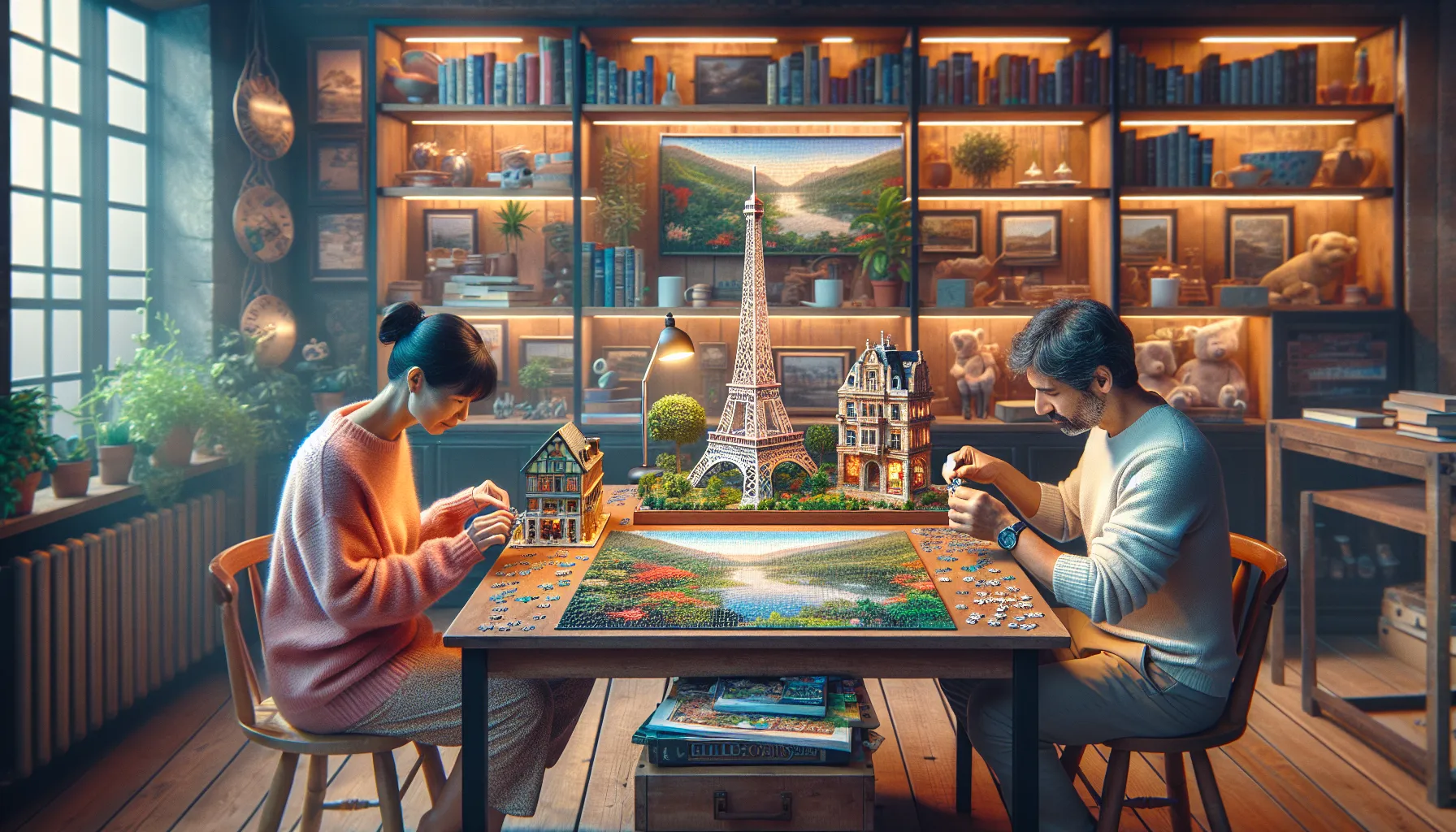 Two individuals assembling jigsaw and 3D puzzles at a wooden table indoors.