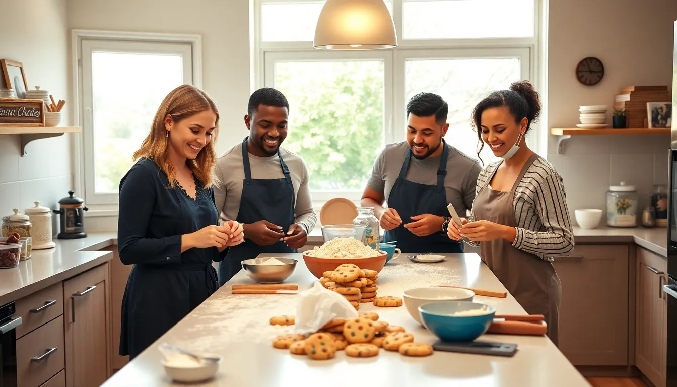diverse team baking cookies in a warm, inviting kitchen.