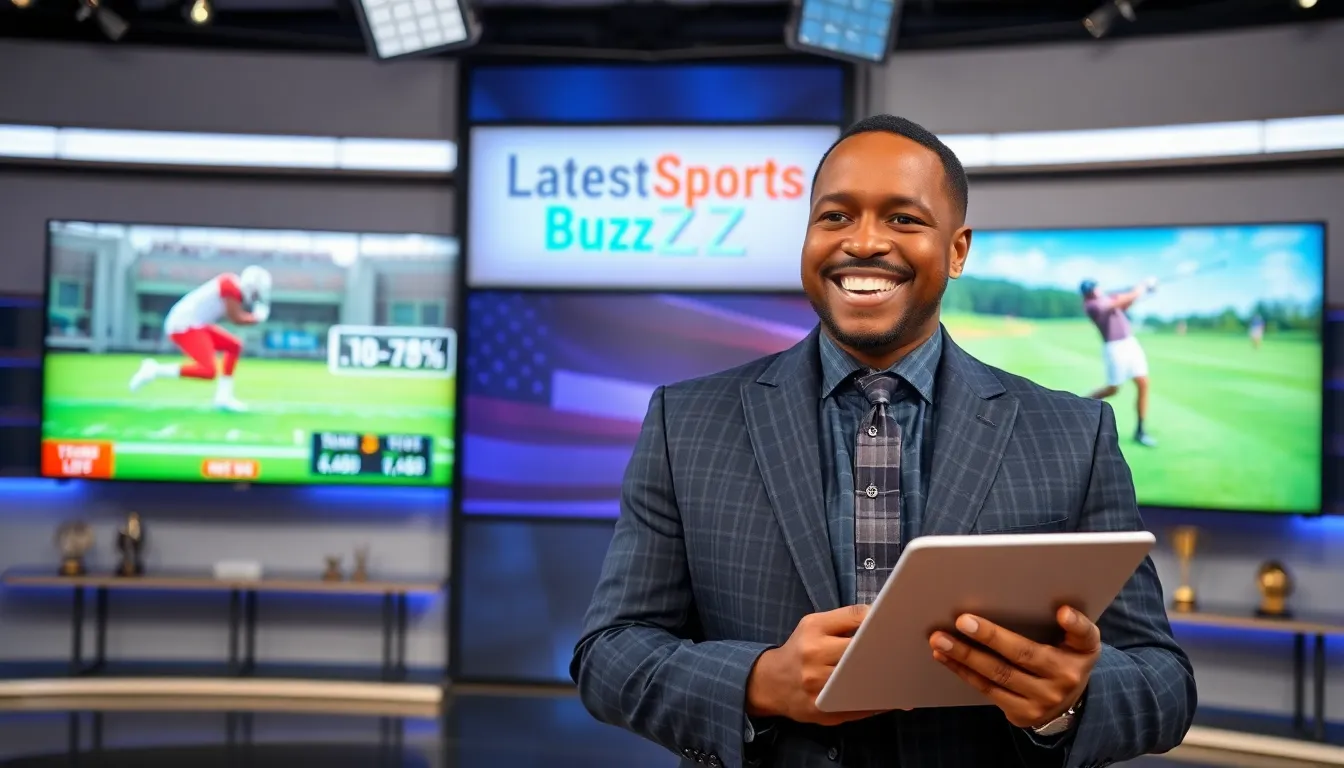 A sports anchor discussing football and golf in a modern studio.