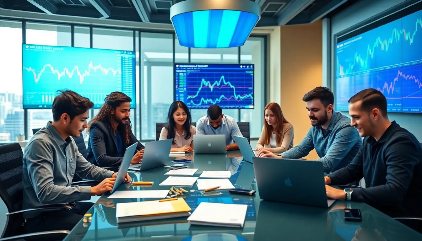 diverse professionals collaborating on cryptocurrency in a modern office.