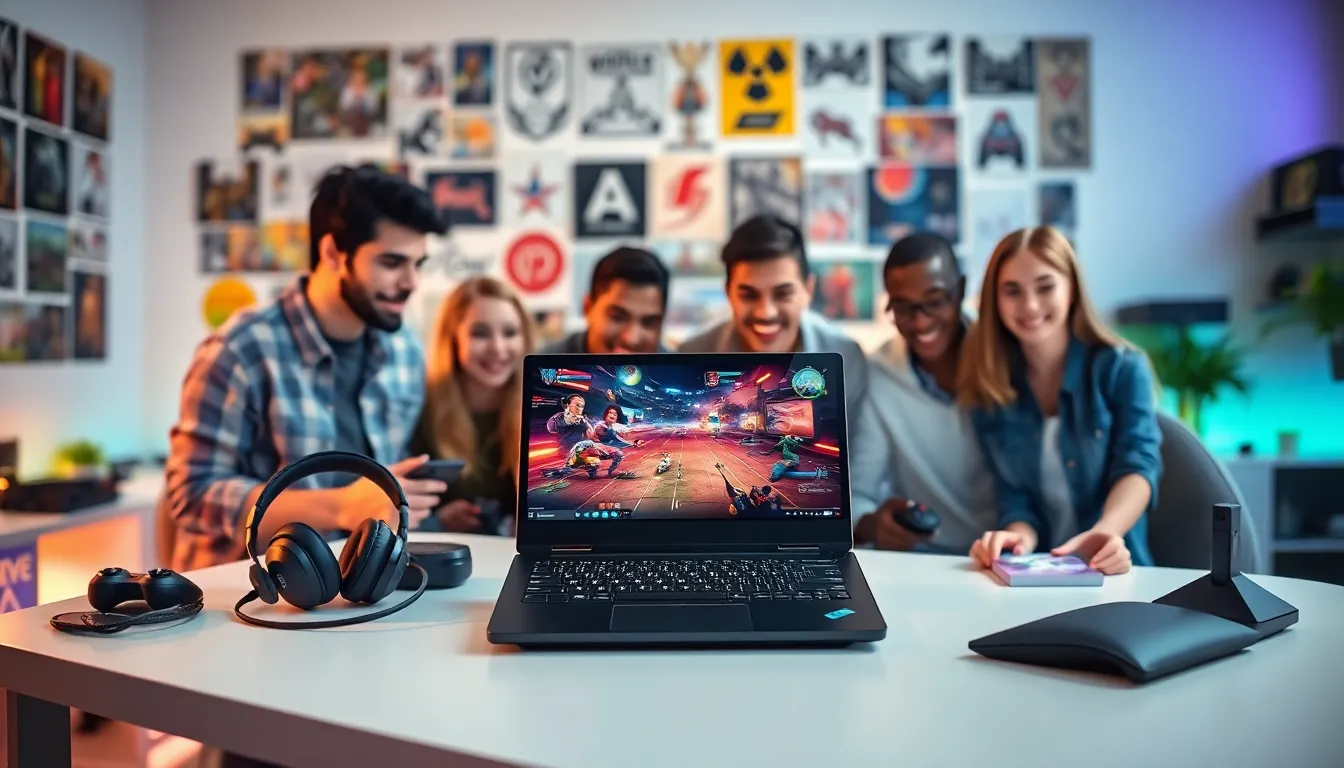 diverse group of gamers around Lenovo Legion Go 8.8 in a modern setup.