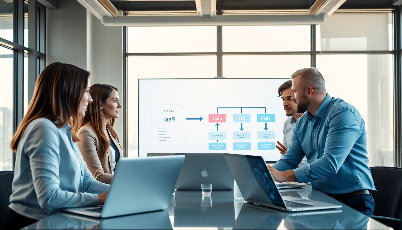 team discussing cloud services in a modern office