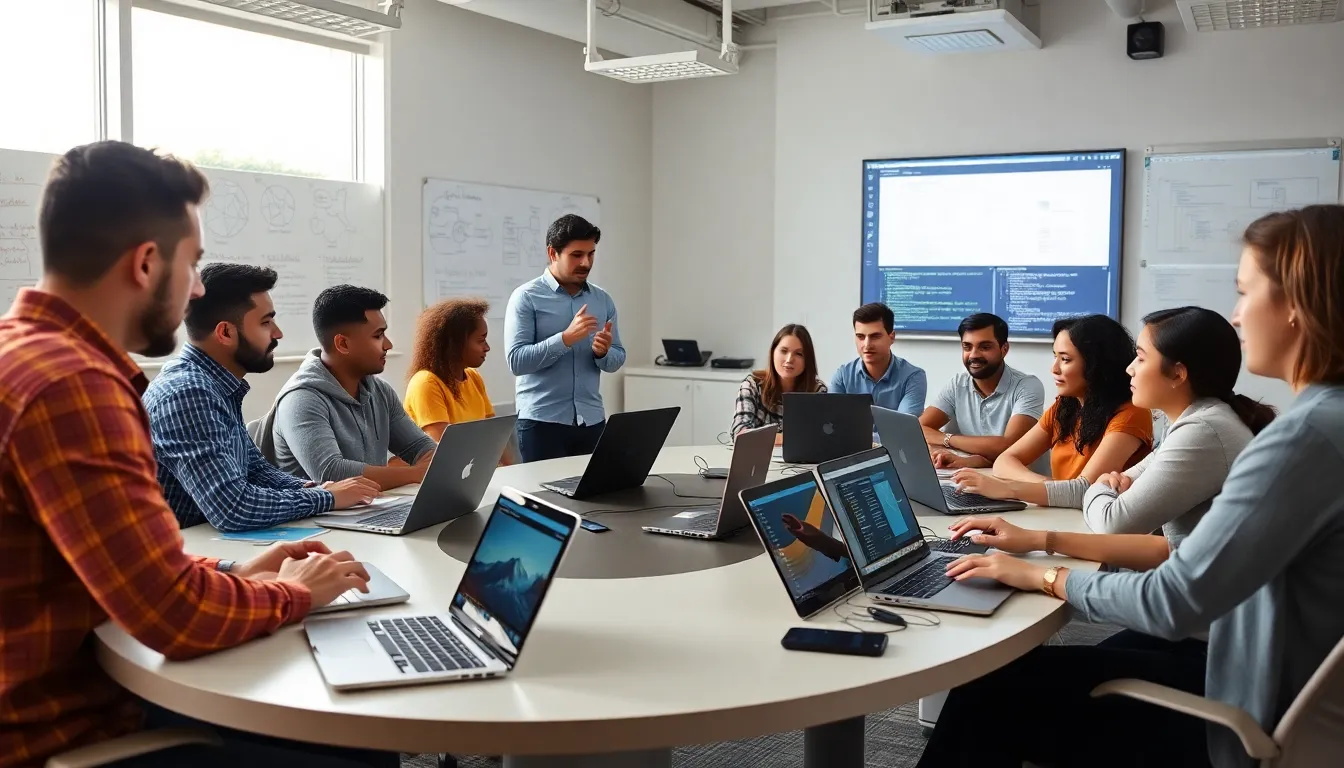 students collaborating on a software development project in a modern classroom.