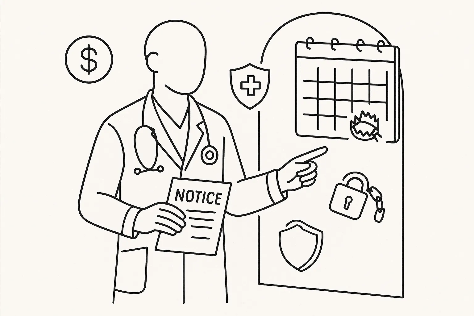 Veterinarian holding a notice with calendar and icons for pay, malpractice, and non-compete.