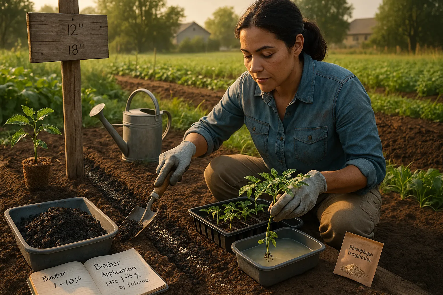 Gardener mixing charged biochar and dipping seedling in mycorrhizal solution.
