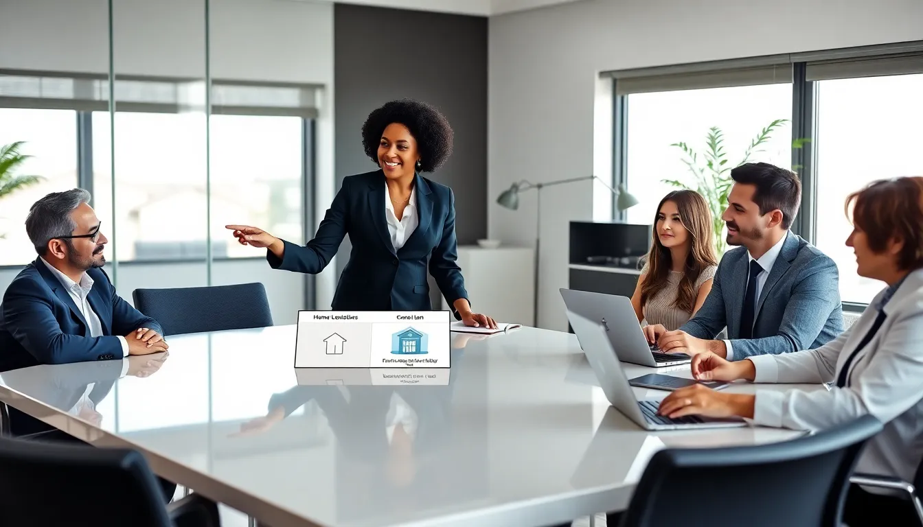 financial advisors discussing FHA and conventional loans in a modern office.