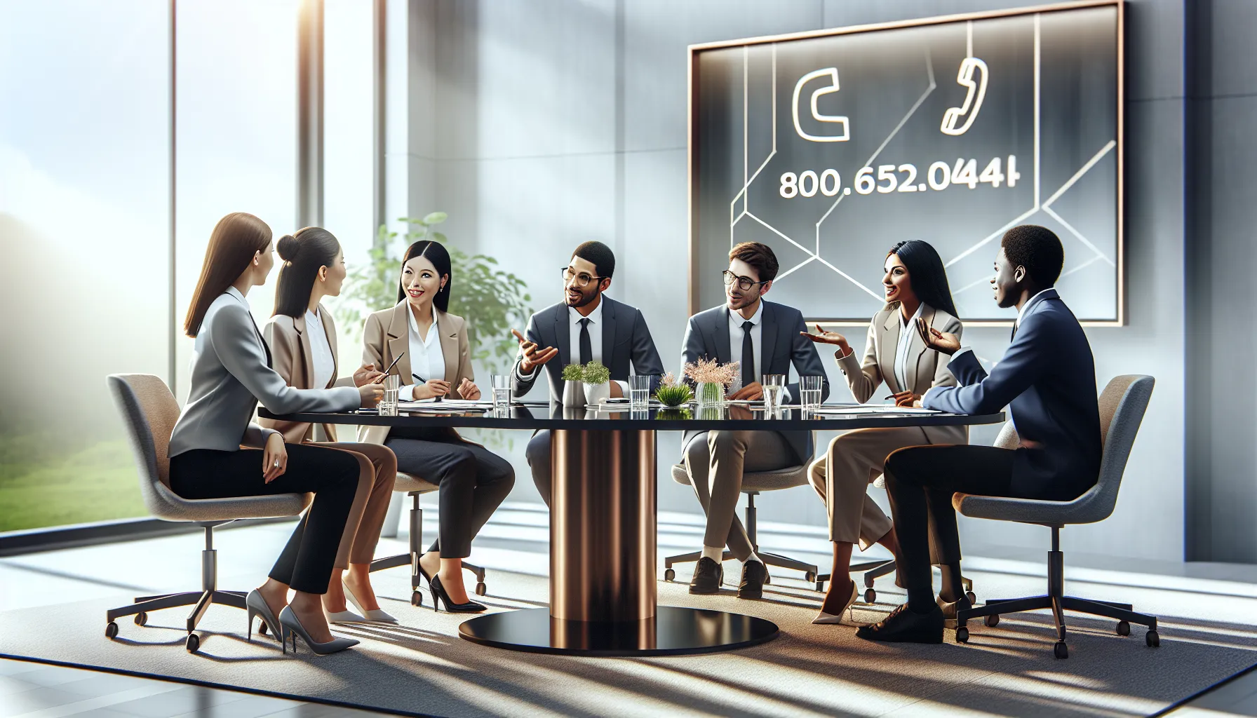 diverse customer service team discussing strategies around a modern conference table.