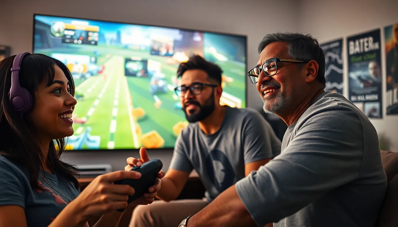 a diverse group of gamers enjoying various interactive games together.