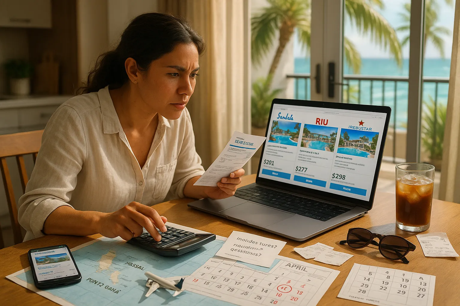 Person comparing all‑inclusive resort options on laptop at sunlit kitchen table.