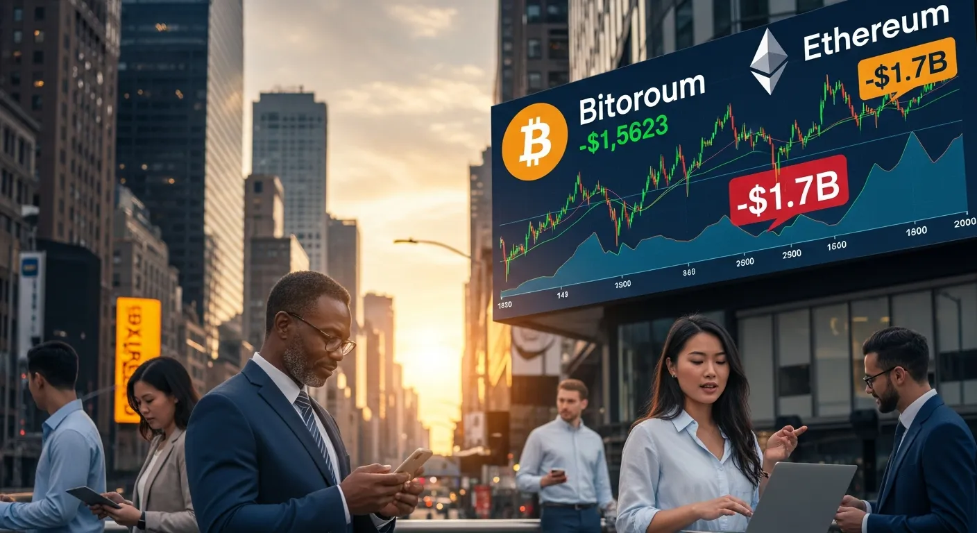 investors in New York City discussing Bitcoin and Ethereum market trends at dusk.