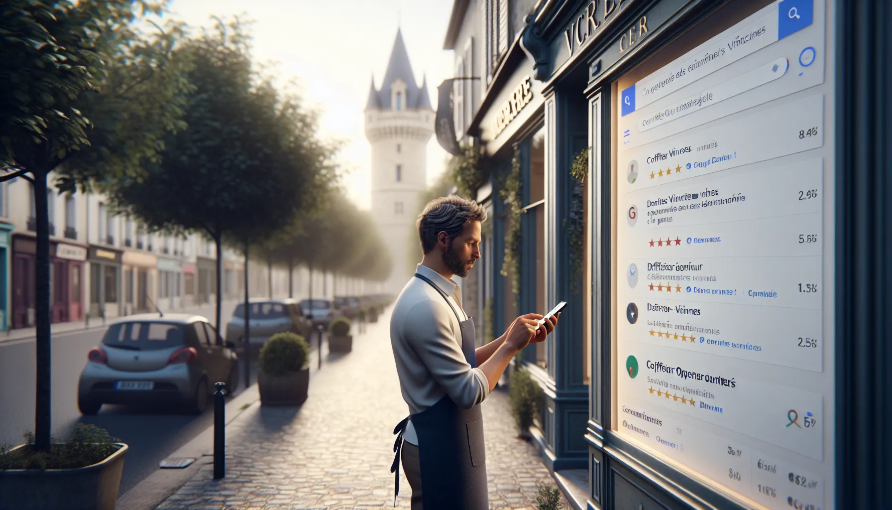 Local Vincennes shop owner checking Google and Maps listings on his smartphone.