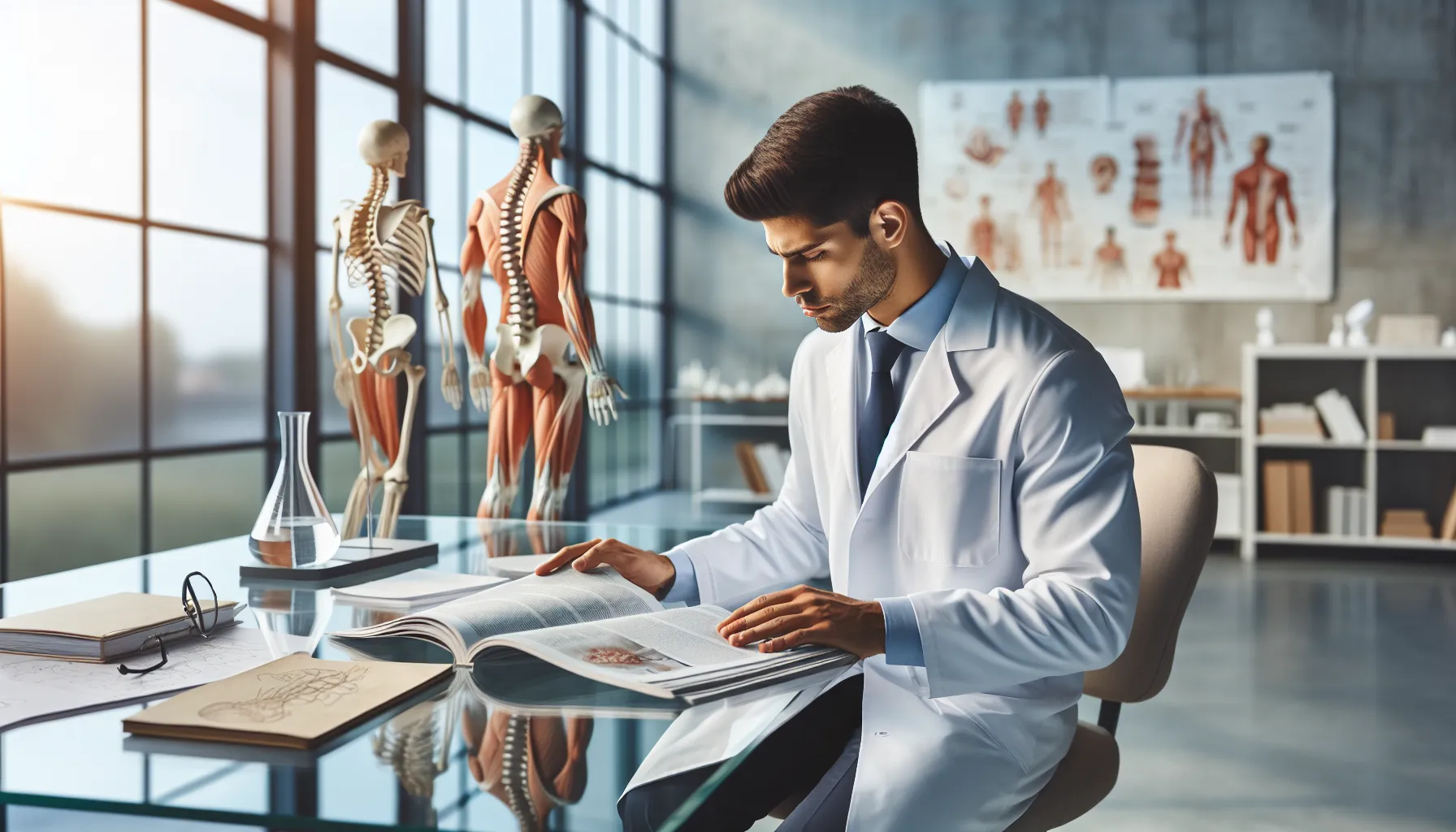 Dr. Haro reviewing chiropractic research in a modern office.