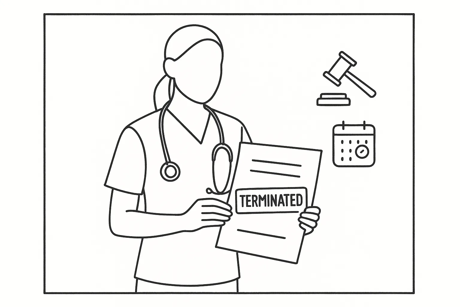 A nurse practitioner holding a terminated contract with gavel and calendar icons.