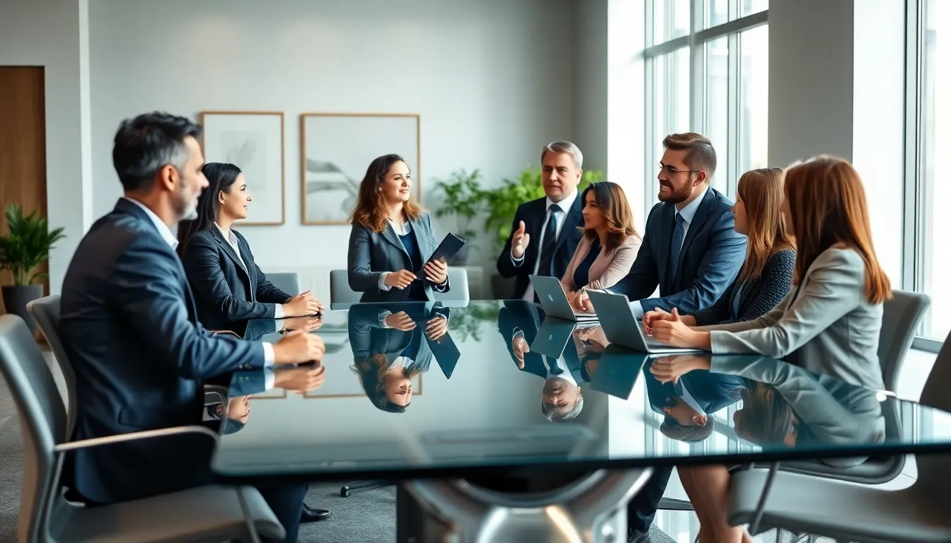 diverse professionals discussing in a modern office setting.
