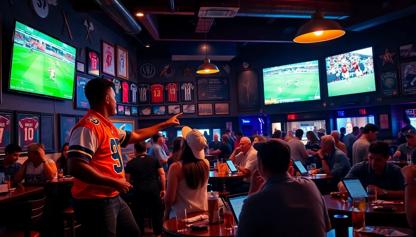 Fans watching football in a lively sports bar, celebrating football and golf.