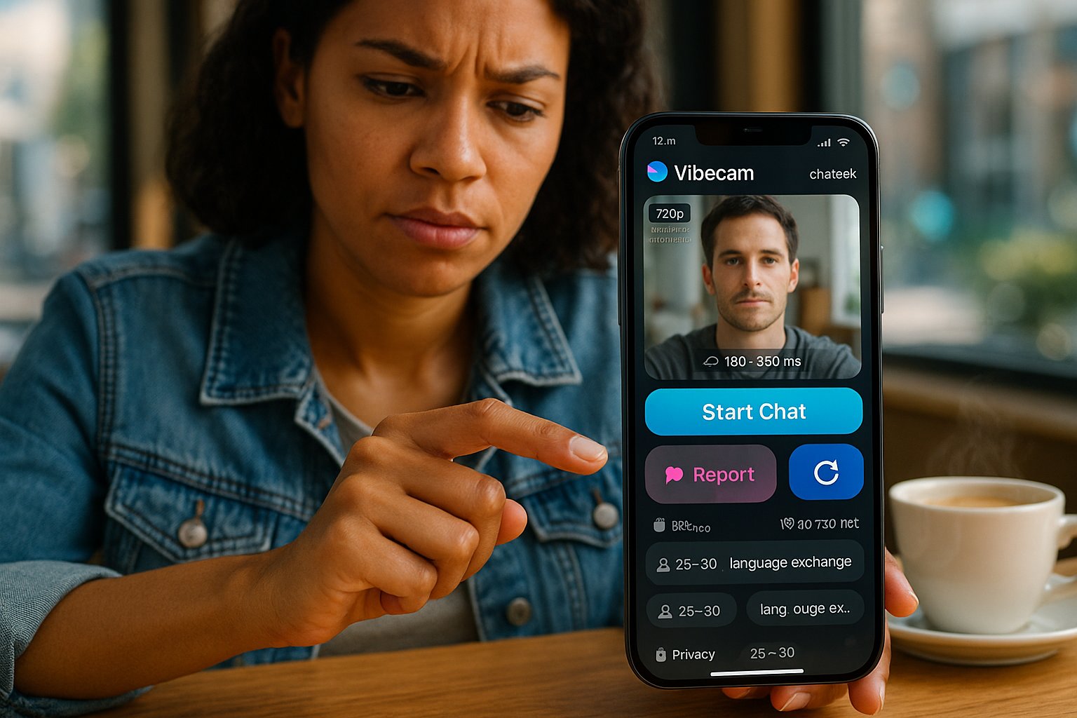 Person holding phone showing chateek video chat UI and performance badges.