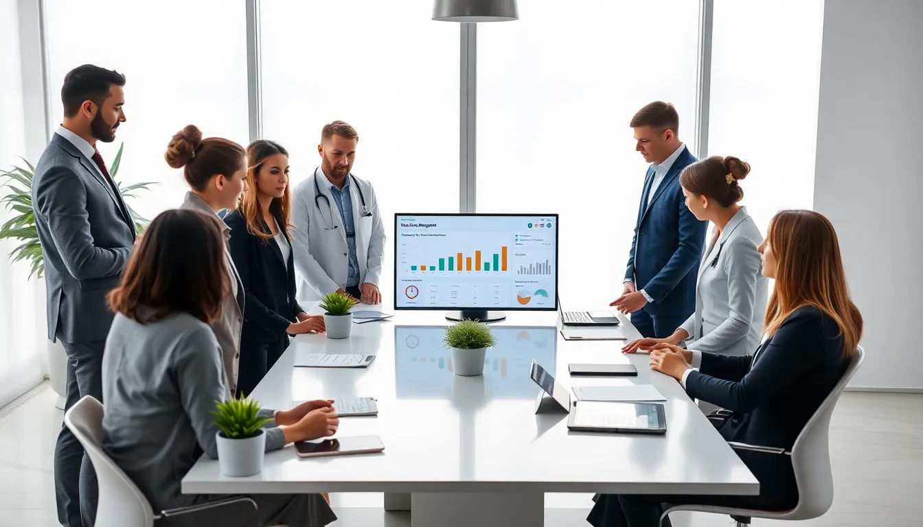 healthcare professionals discussing claims management software in a modern office.