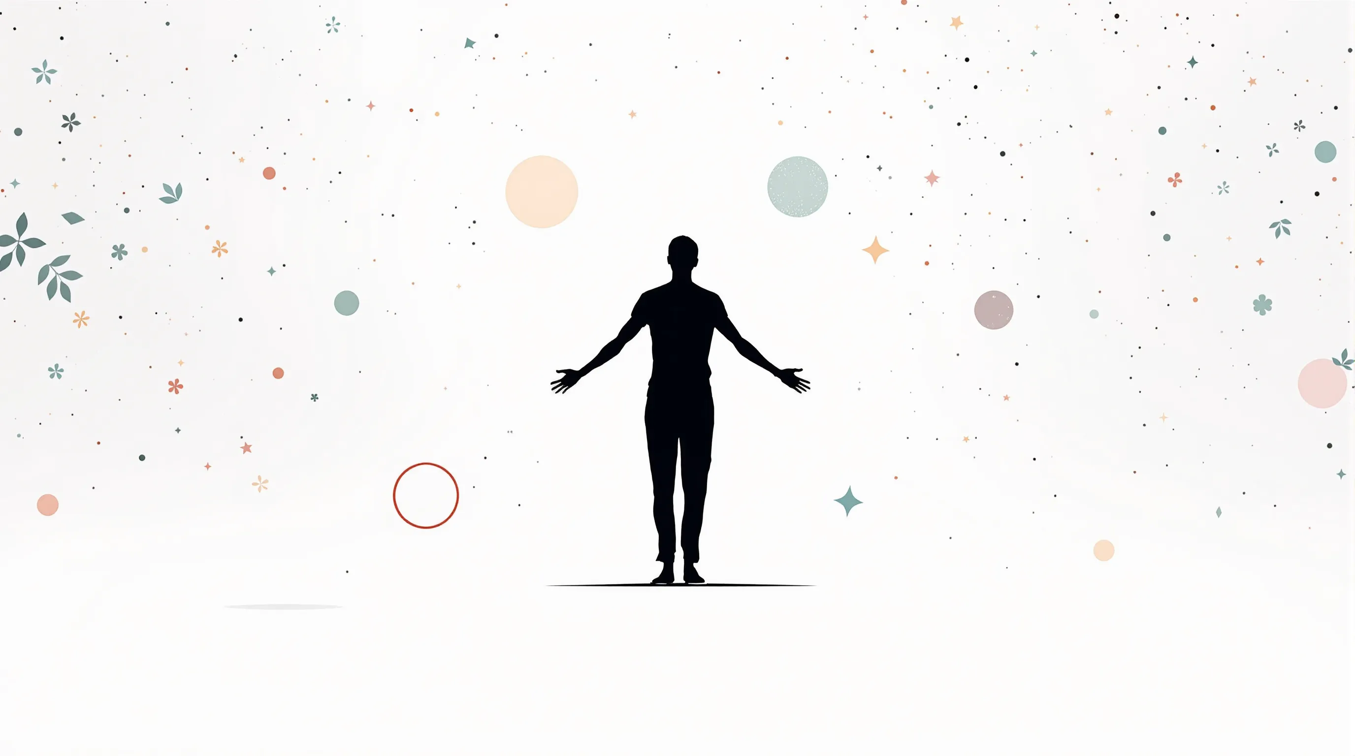 A minimalist human silhouette with floating geometric shapes symbolizing self-belief and personal freedom.