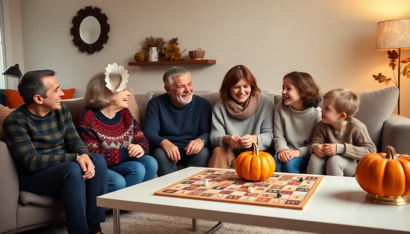family playing games together in a cozy Thanksgiving setting.