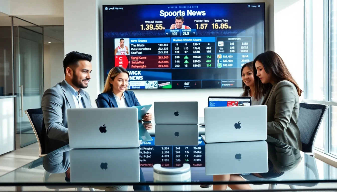 diverse team discussing latest sports news in a modern office.