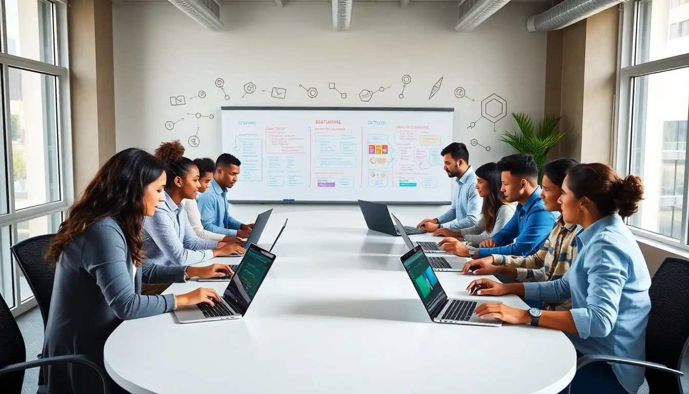 diverse team of bootcamp software engineers collaborating in a modern office.