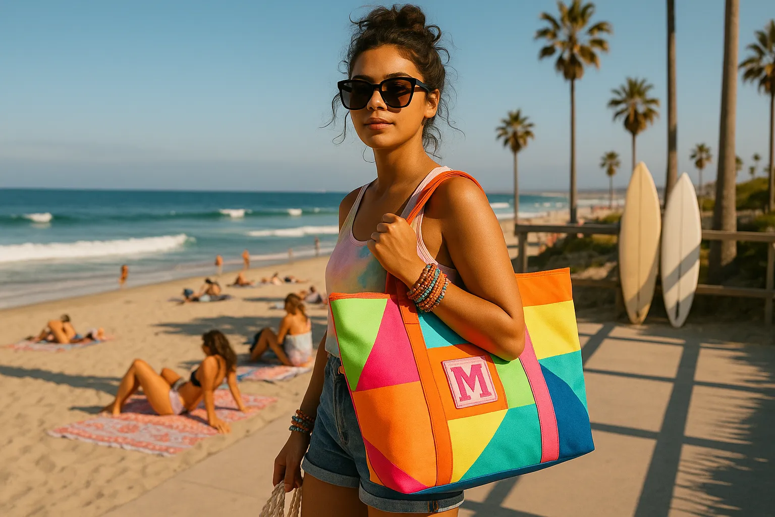 A stylish woman with trendy tote bags on a sunny American beach.