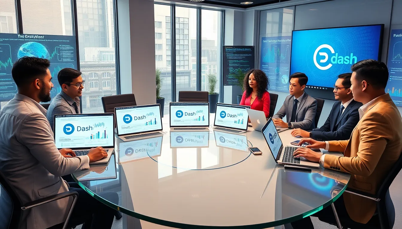 diverse team discussing Dash cryptocurrency developments in an office setting.