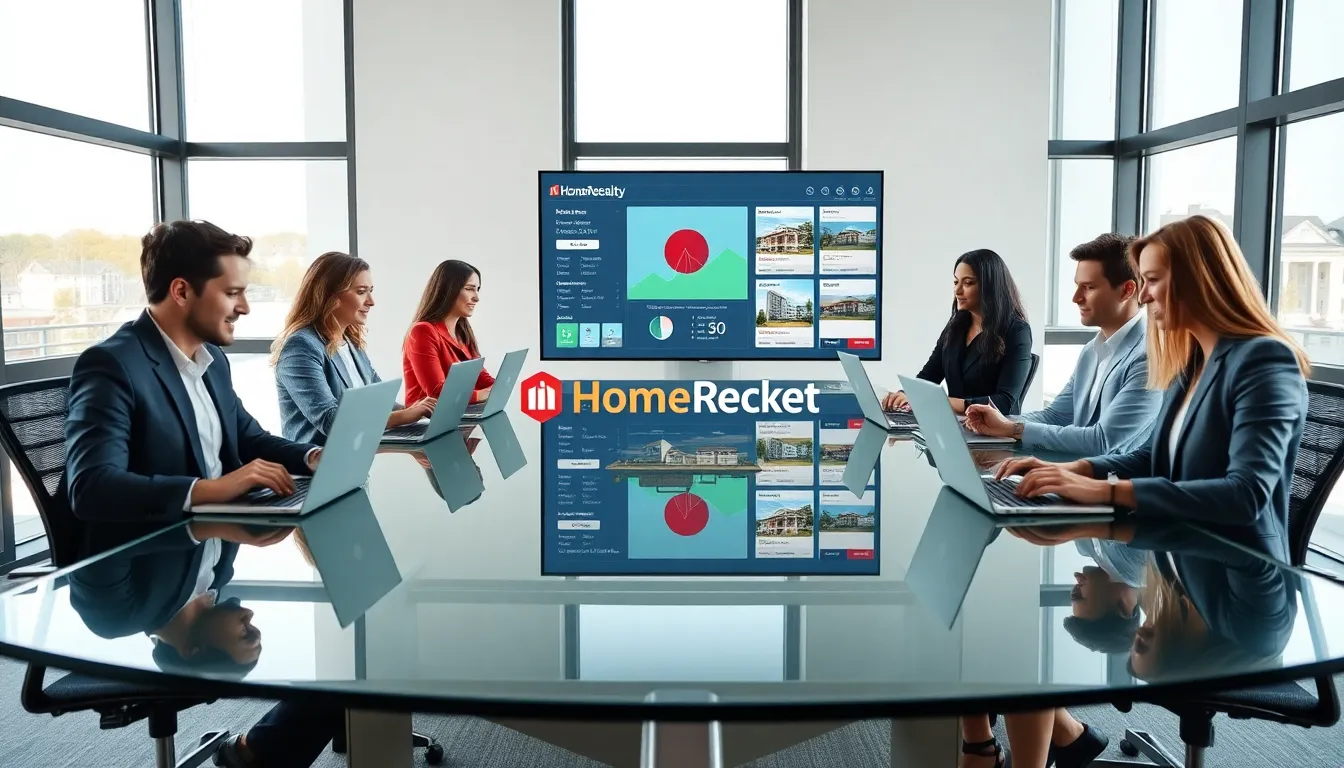 diverse real estate team discussing updates in a modern office.