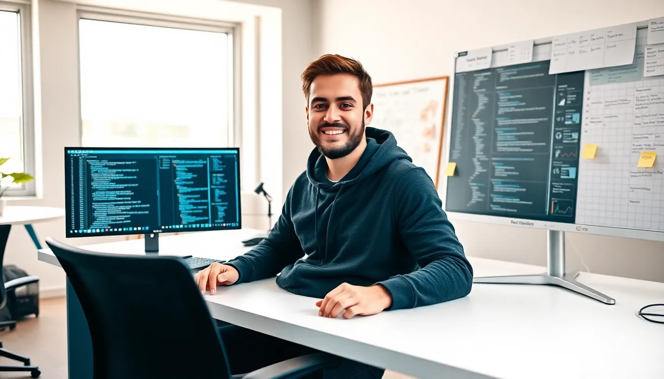 DevOps developer in a modern office, focused on coding and automation.