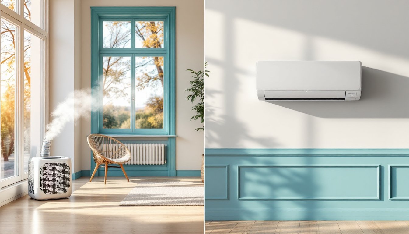 Side-by-side comparison of a mobile air conditioner and a wall-mounted split AC unit in a modern German living room.