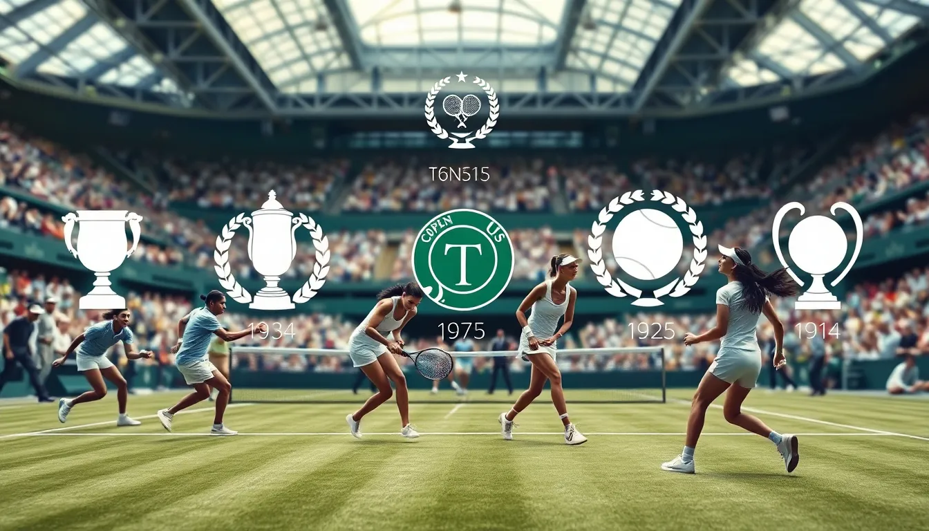 diverse tennis players competing on a grass court during a match.