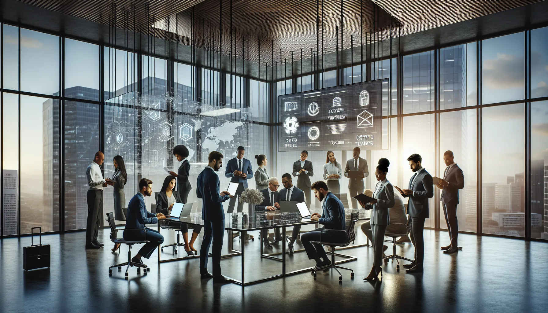 diverse team collaborating in a modern office with digital screens.