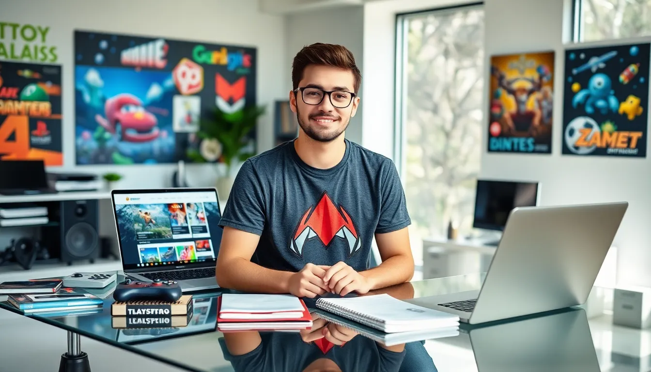 young gaming journalist in a modern office with gaming memorabilia.