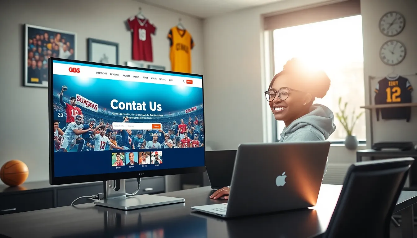 a young woman on a video call in a modern office with sports memorabilia.